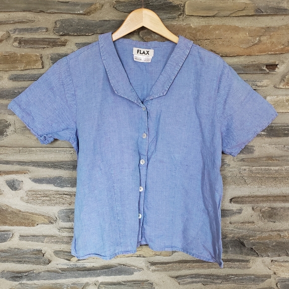 FLAX Collared Short Sleeve Shirt Medium Blue - Picture 1 of 4
